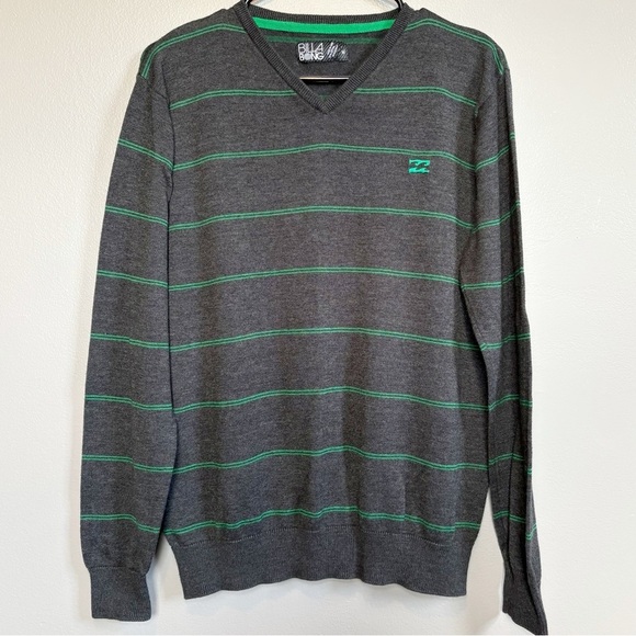 Billabong Men's Lightweight Charcoal Gray Sweater with Green Stripes Size Medium - Picture 1 of 8